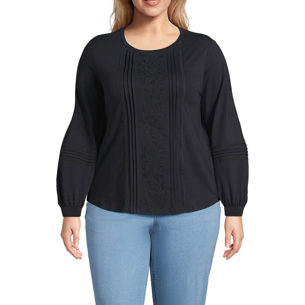 Lands' End Womens Top Sz‎ 2X 20W 22W Jersey Pintuck Embroidery Black Lightweight